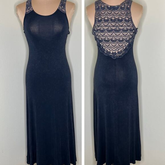 POL Tank Dress Womens Small Blue Midi Lace Crochet Racerback Jersey Knit Boho - Picture 1 of 9